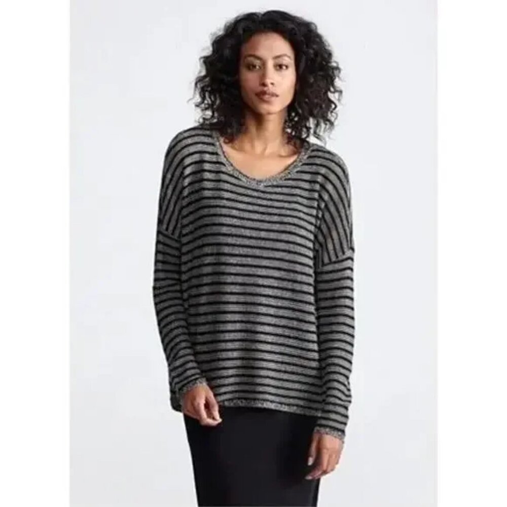 NWOT Eileen Fisher Wool Linen Breton Stripe Boxy Sweater Italian Yarn Black XS